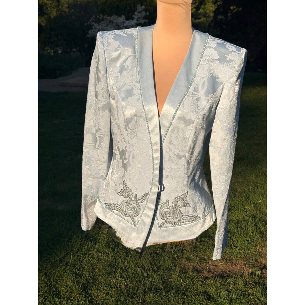 Blue Beaded Jacquard Vintage Blazer Jacket 80s 90s Satin Shimmer Coat